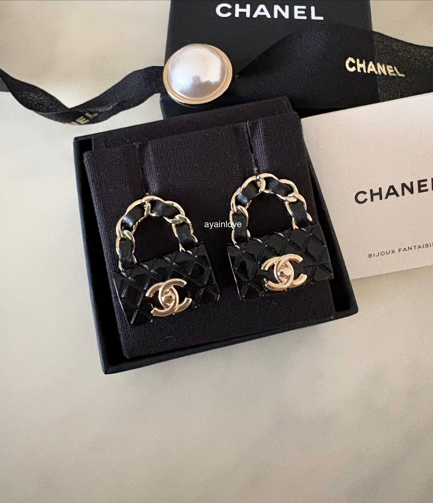 CHANEL 23C Black Classic Flap Handbag Stud Earrings Gold Hardware
