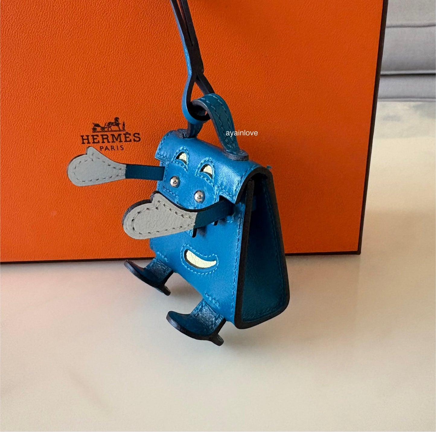 HERMES Kelly Doll Dole Tadelakt Bleu Izmir Bag Charm Palladium Hardware Z Stamp