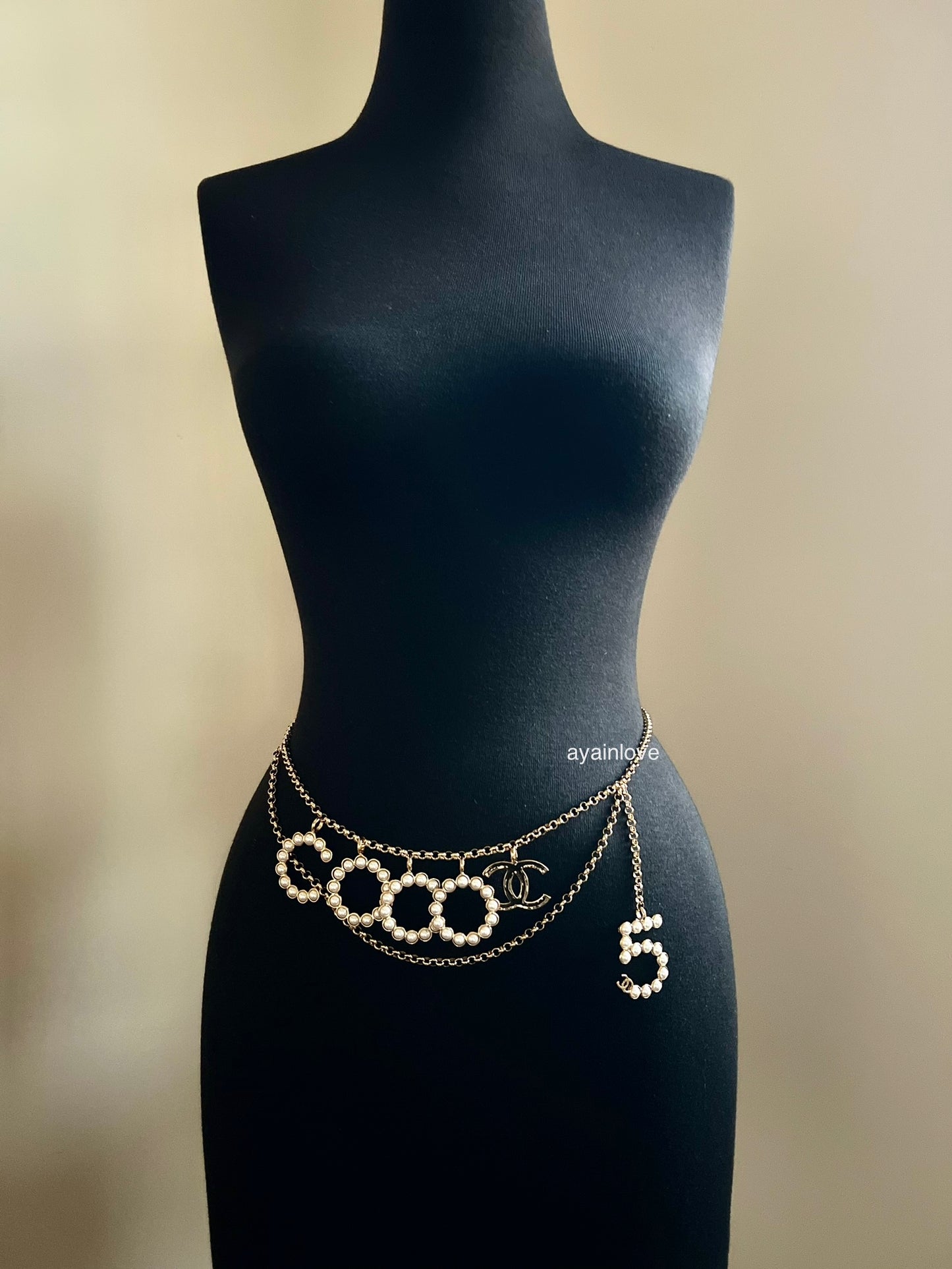 CHANEL 24S Pearl COCO No. 5 Adjustable Chain Belt Gold Hardware