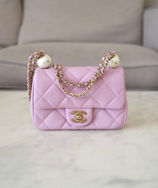 CHANEL 24S Pink Lambskin Twin Pearls Quilted Mini Flap Bag Adjustable Gold Hardware