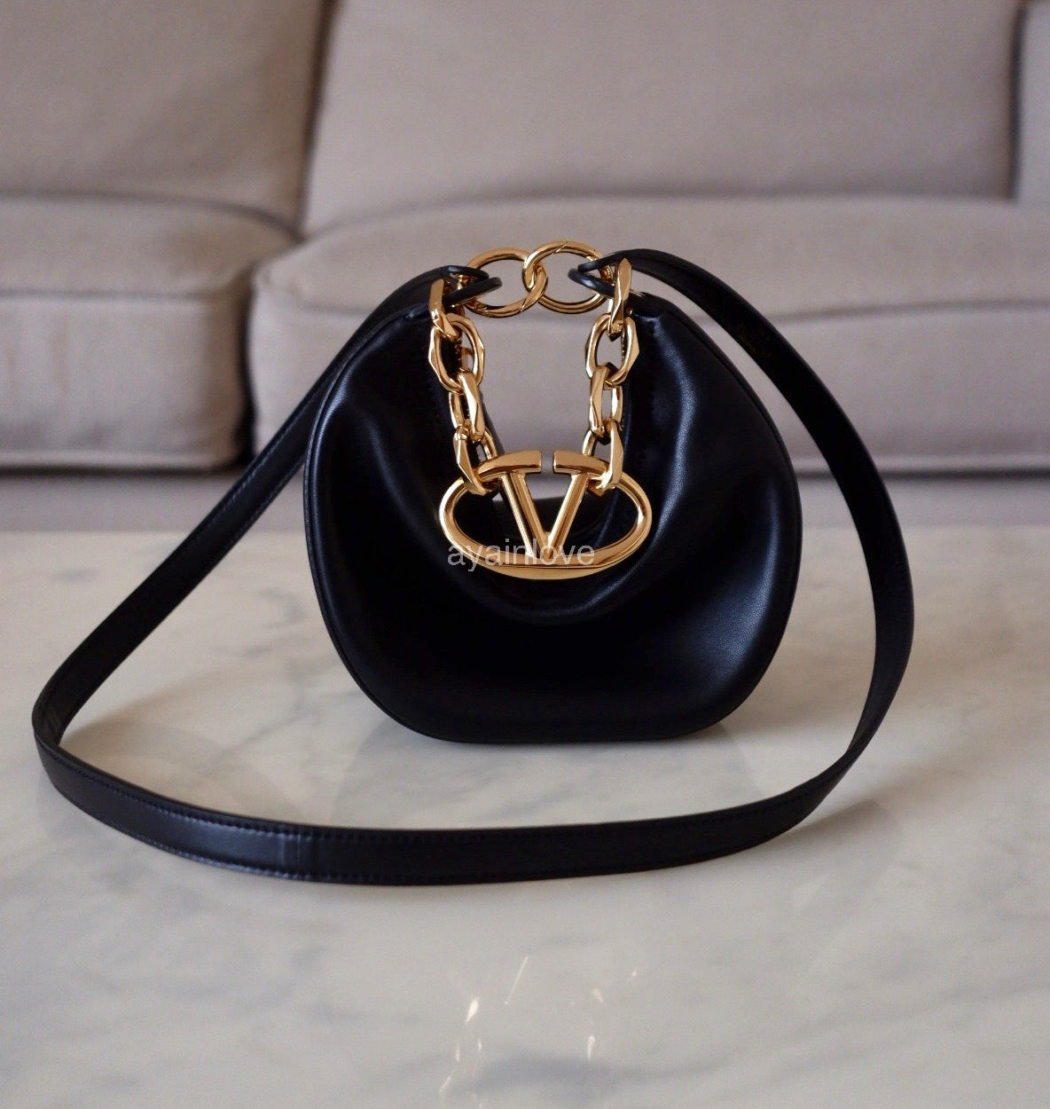 VALENTINO Vlogo Black Moon Zip Up Mini Hobo Bag Gold Hardware
