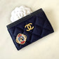 CHANEL 18A Charming Navy Blue/Burgundy Wool/Calfskin Flat Card Holder Oversized CC Gold Hardware