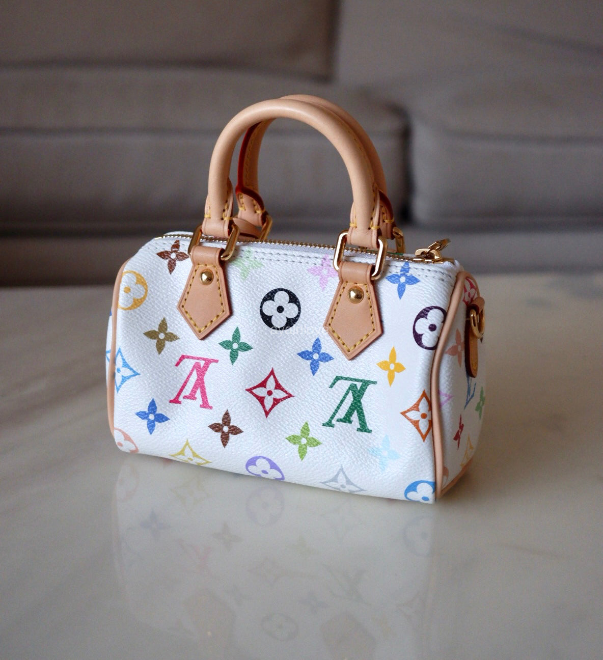 LOUIS VUITTON LV x TM White Multicolour Murakami Nano Speedy Gold Hardware
