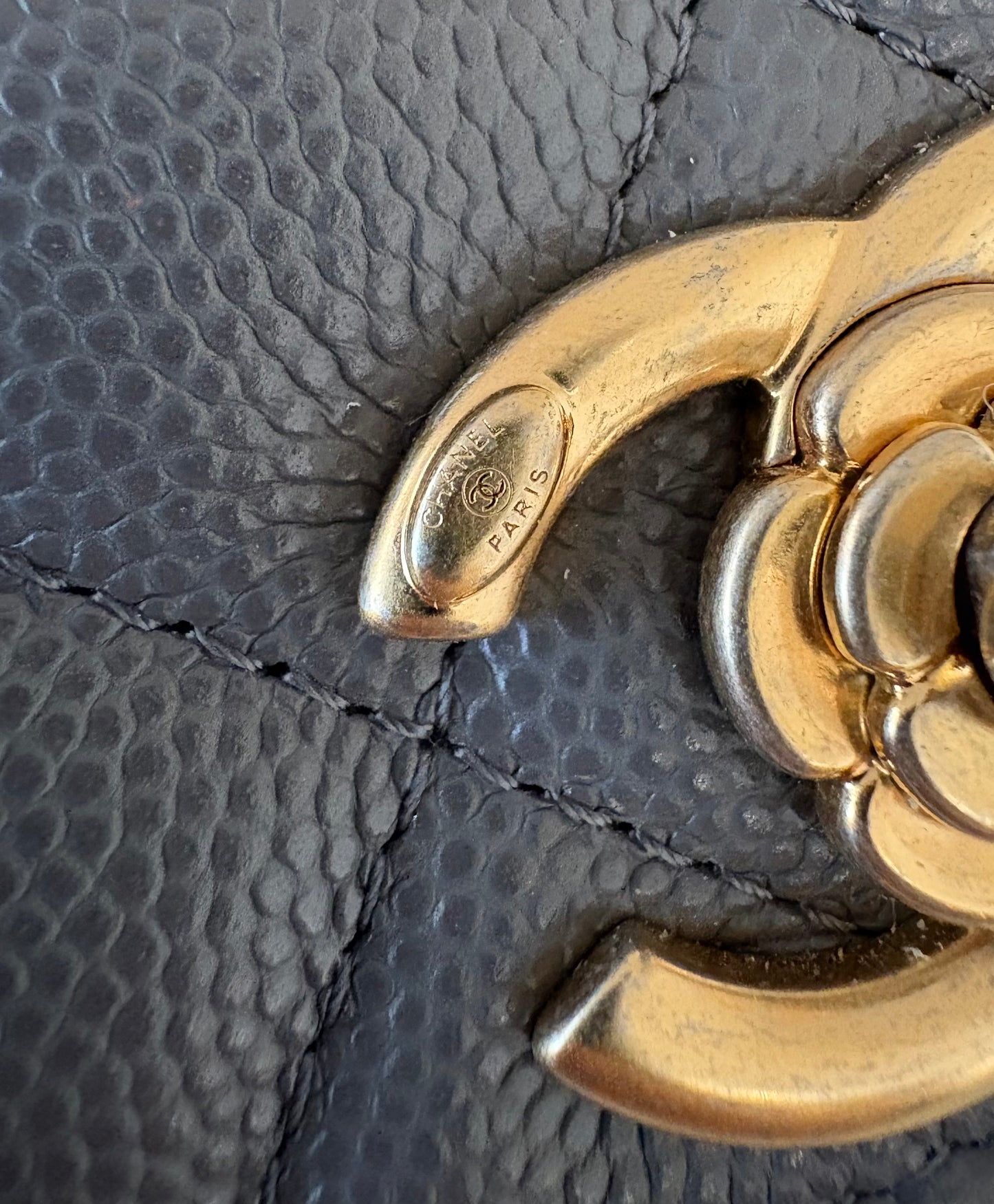 CHANEL 23K Dark Grey Caviar Camellia CC Wallet On Chain *Microchipped* Brushed Gold Hardware