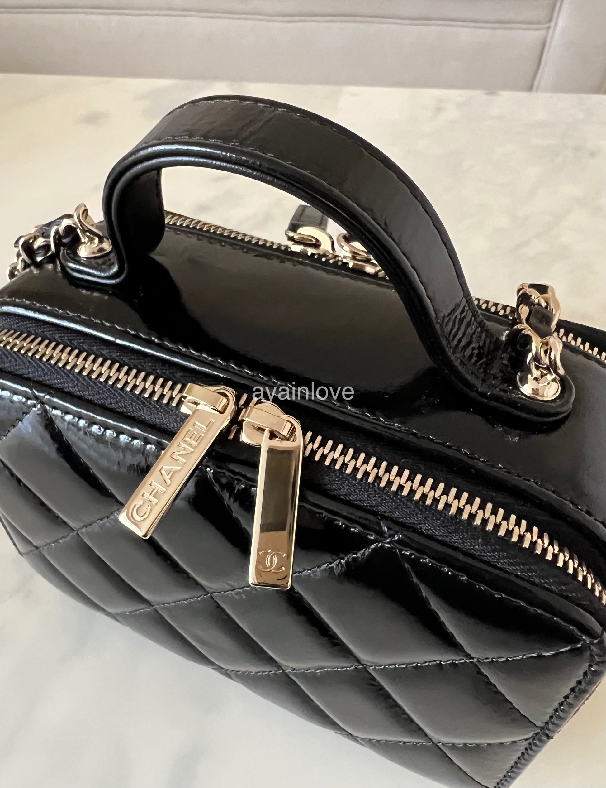 CHANEL Black Patent Quilted Calfskin Mini Vanity Bag on Chain