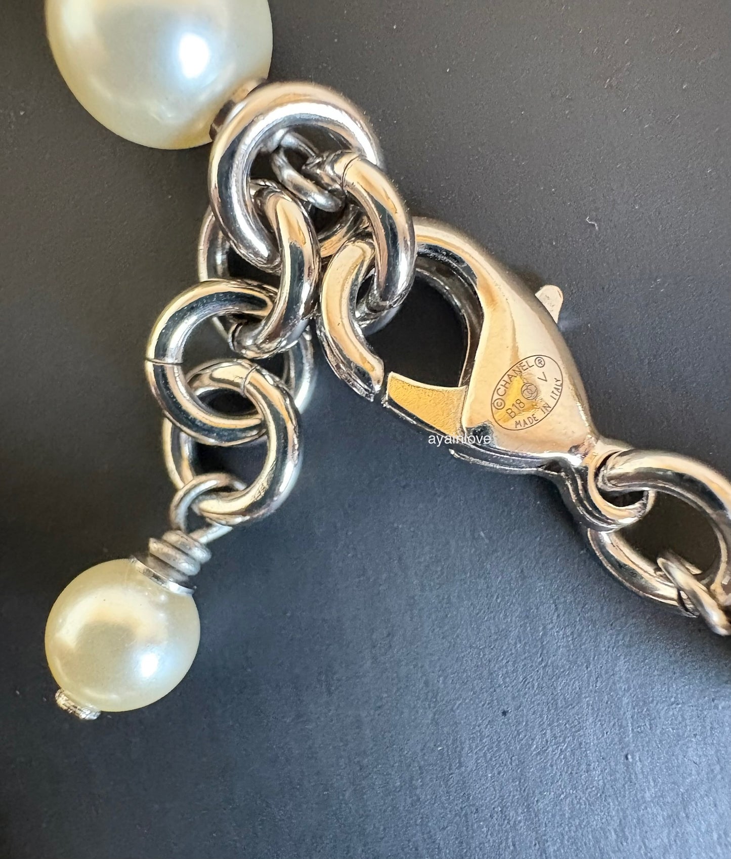 CHANEL 18V Classic Pearl CC Long Necklace Silver Hardware