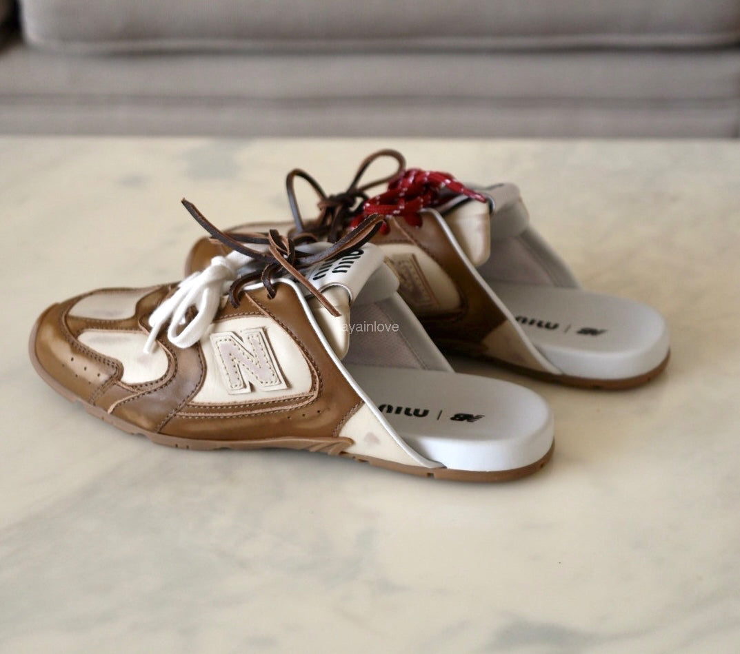 Miu Miu x New Balance 530 SL Brown Cinnamon Bleached Calfskin Mules Loafers Shoes Size 38 EU