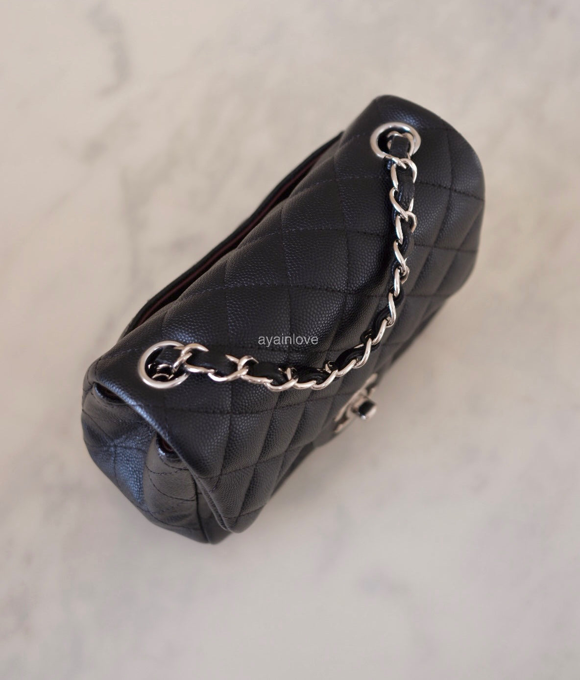 CHANEL 17B Black Caviar (Burgundy Interior) Quilted Square Mini Flap Bag Silver Hardware