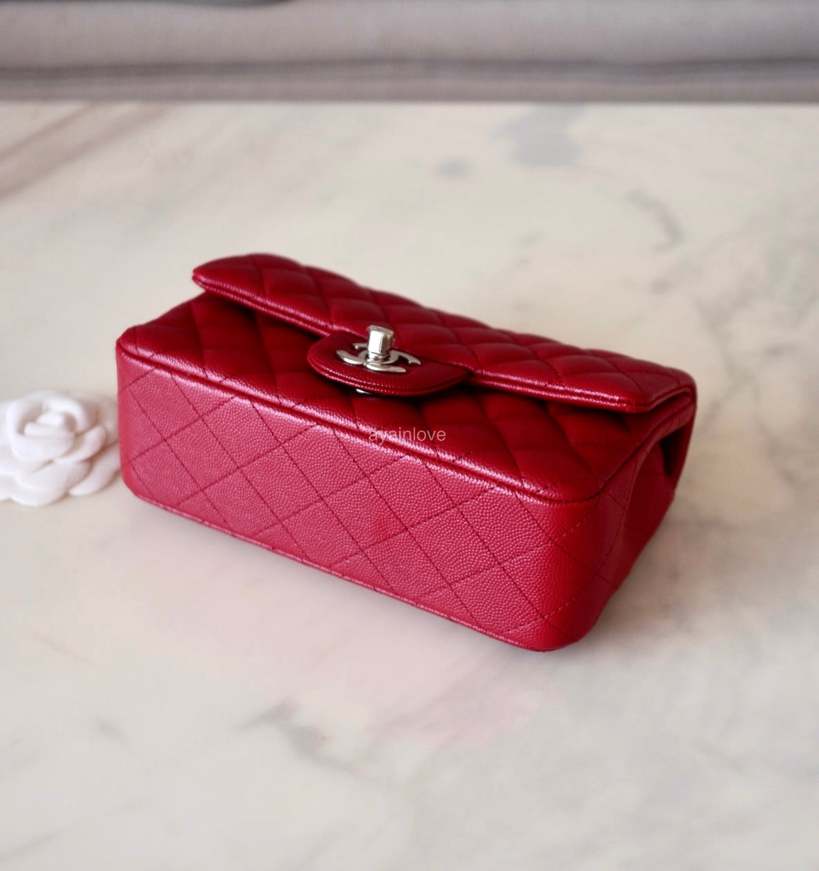 CHANEL 17B Red Caviar Quilted Classic Rectangular Mini Silver Hardware
