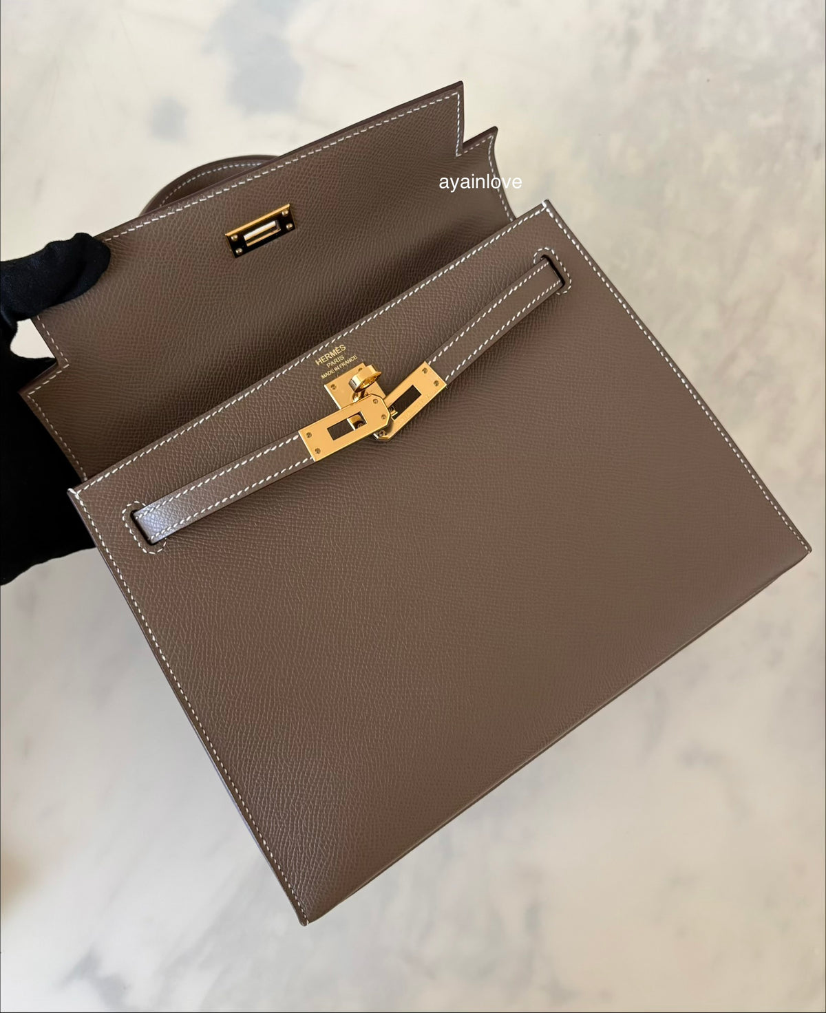 HERMES Kelly 25 Etoupe Epsom Bag Gold Hardware W Stamp