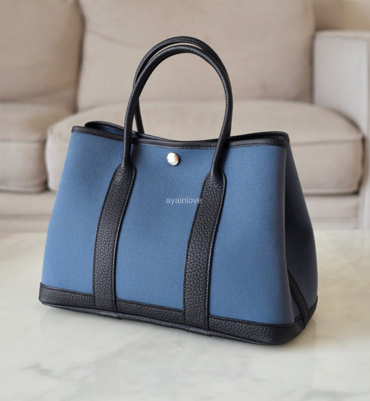 HERMES Garden Party 30 Canvas/Negonda Navy Blue/Black Bag Palladium Hardware W Stamp