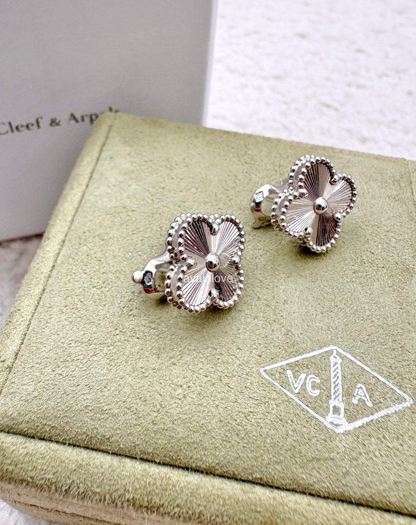 VAN CLEEF ARPELS VCA 18KT White Gold Guilloche Vintage Alhambra Earrings