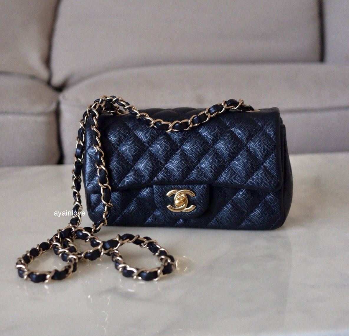CHANEL 18B Black Caviar Quilted Rectangular Mini Flap Bag Light Gold Hardware