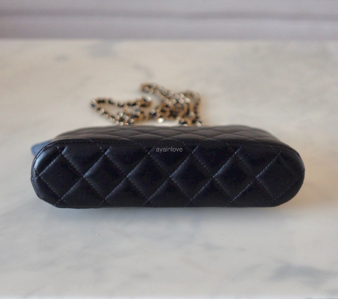 CHANEL Small Black Lambskin Zip Clutch on Chain Camera Bag Light Gold Hardware