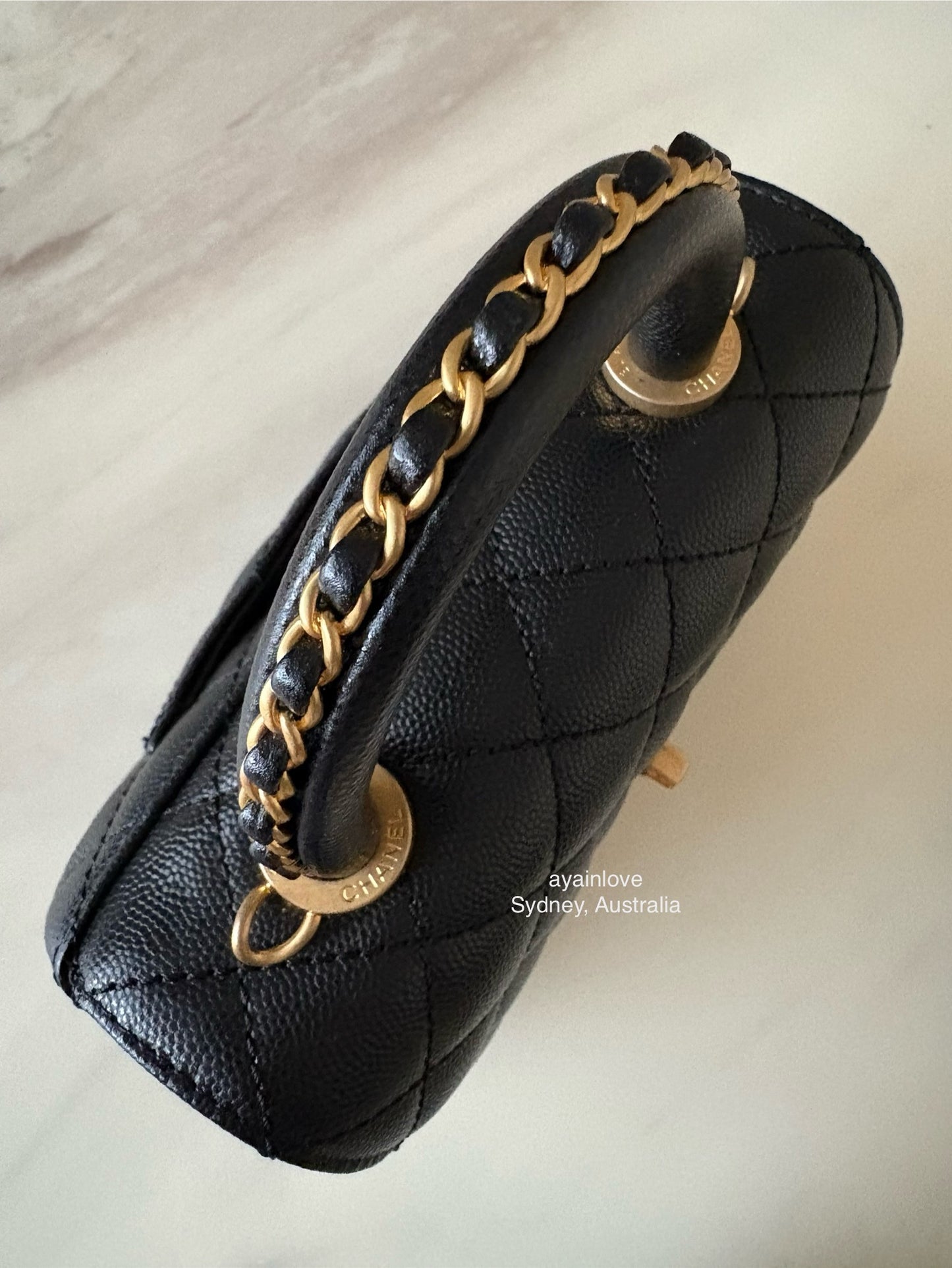 CHANEL Black Caviar Coco Chain Leather Handle Mini 19cm *Microchipped* Brushed Gold Hardware