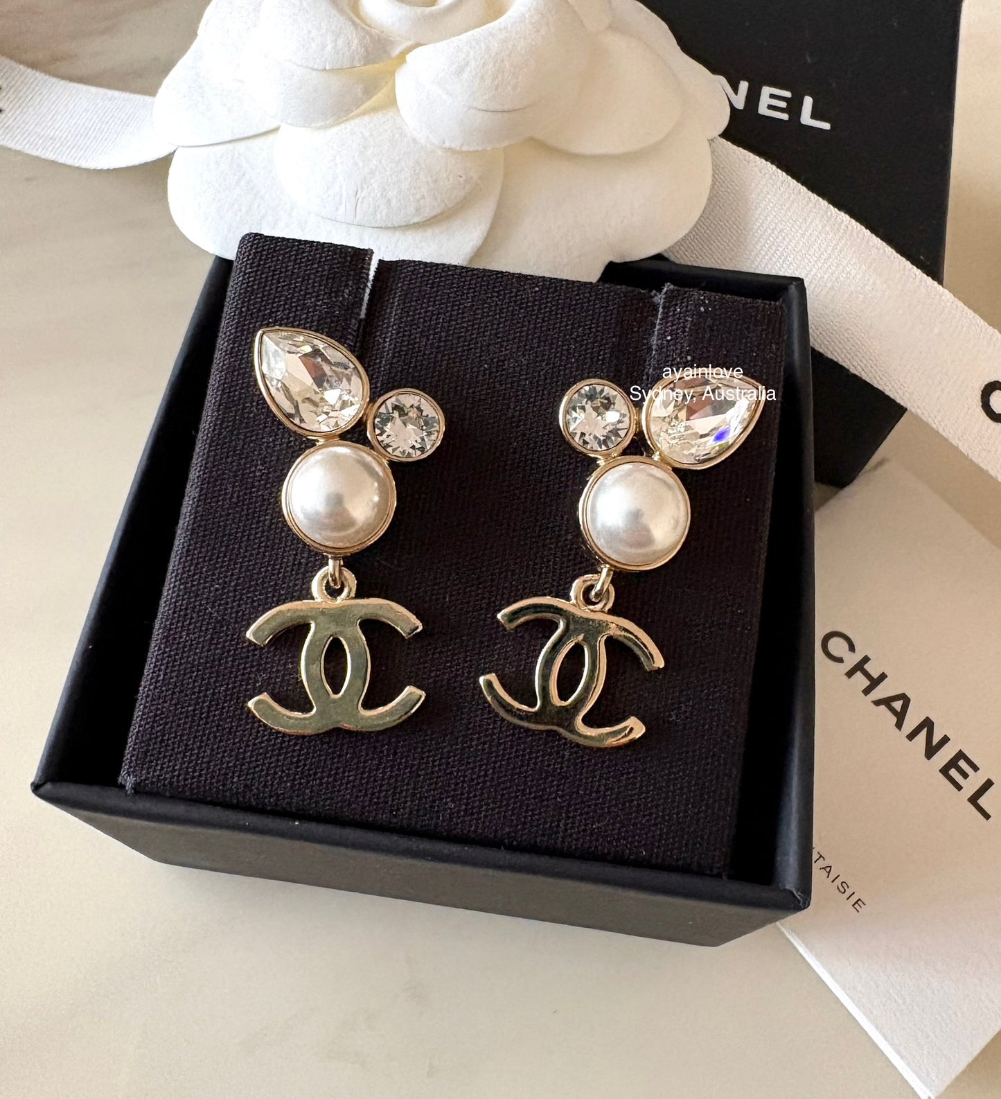 CHANEL 22C CC Crystal Drop Earrings Light Gold Hardware