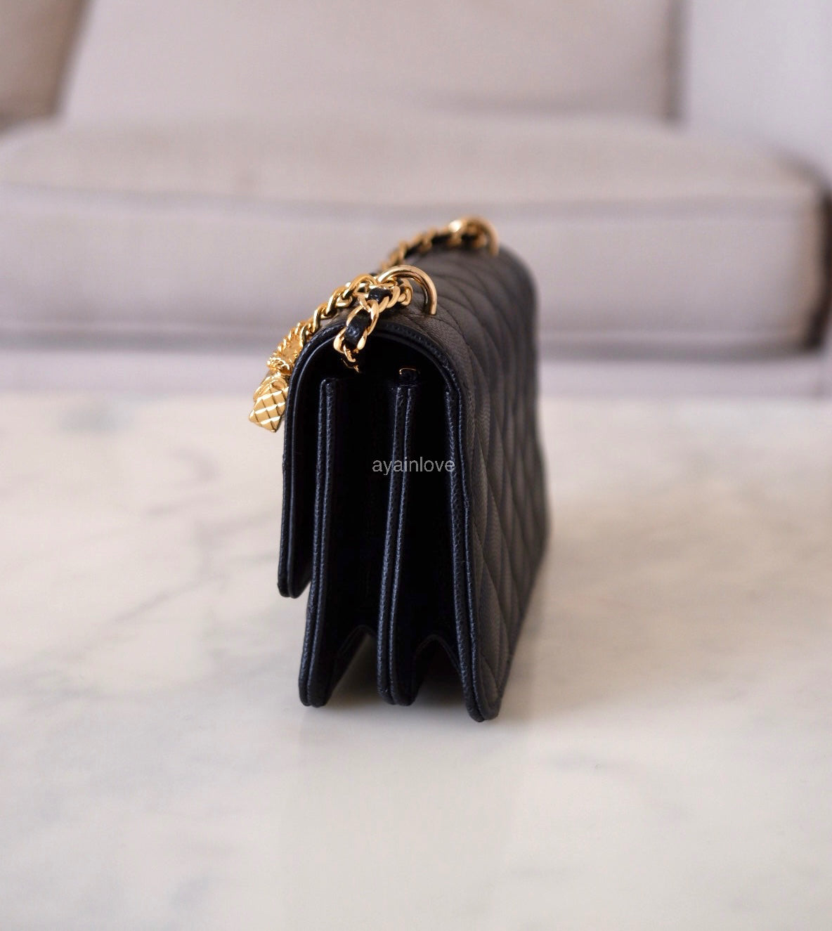CHANEL 23S Black Caviar Wallet on Chain with Bag Charm Gold Hardware