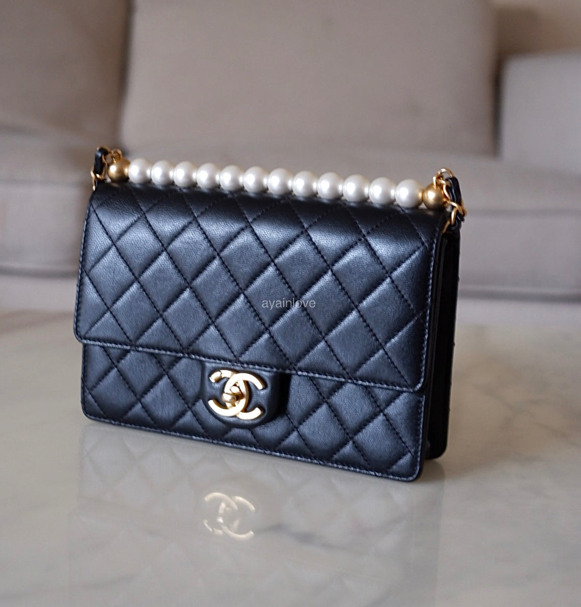 CHANEL 19S Chic Pearl Black Goatskin Flap Bag Gold Hardware