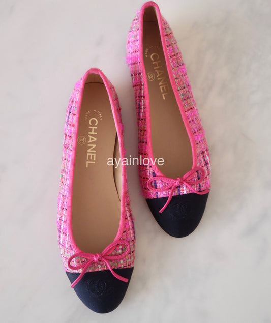 CHANEL CC Pink Multicolour Tweed Ballet Flat Shoes Size 38 EU