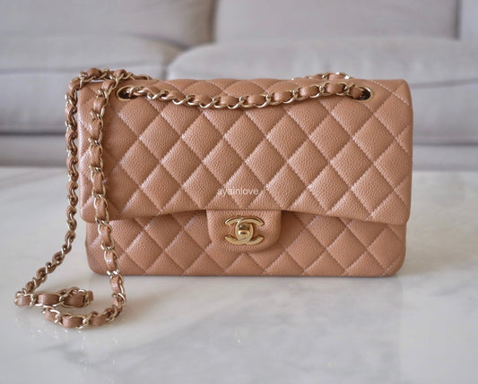 Chanel Classic Medium Double Flap 19C Beige Quilted Caviar with light gold  hardware