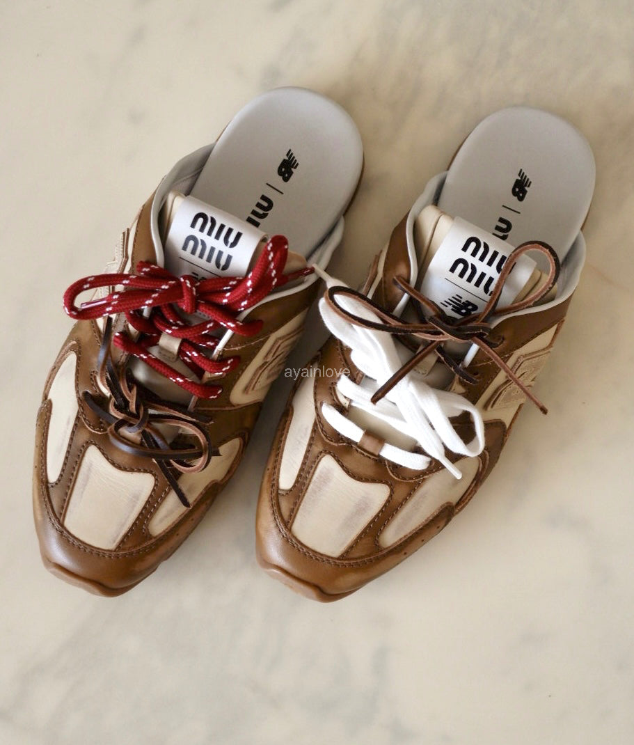 Miu Miu x New Balance 530 SL Brown Cinnamon Bleached Calfskin Mules Loafers Shoes Size 38 EU
