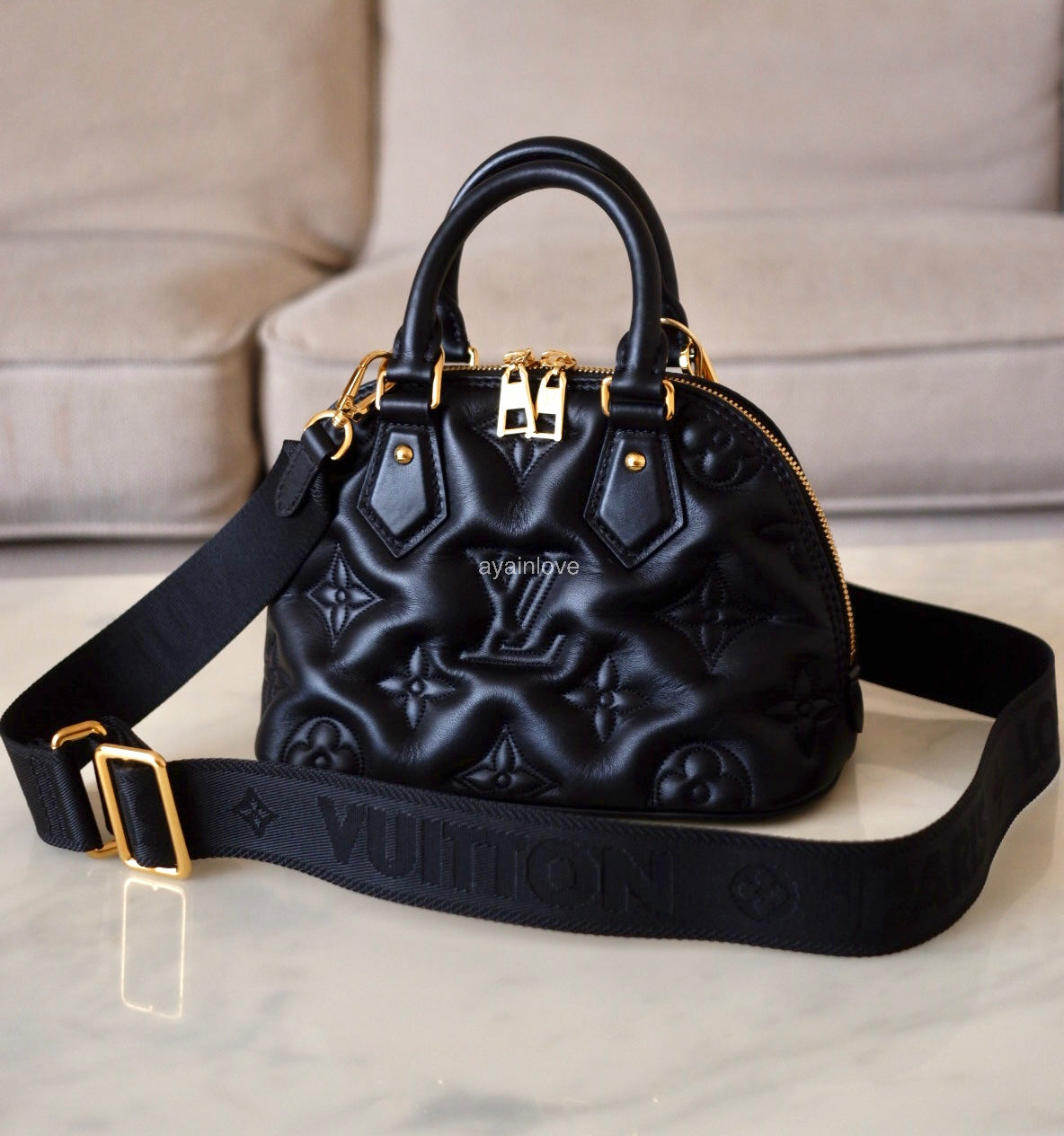 LOUIS VUITTON LV Alma BB Black Calfskin Bubblegram Bag Gold Hardware