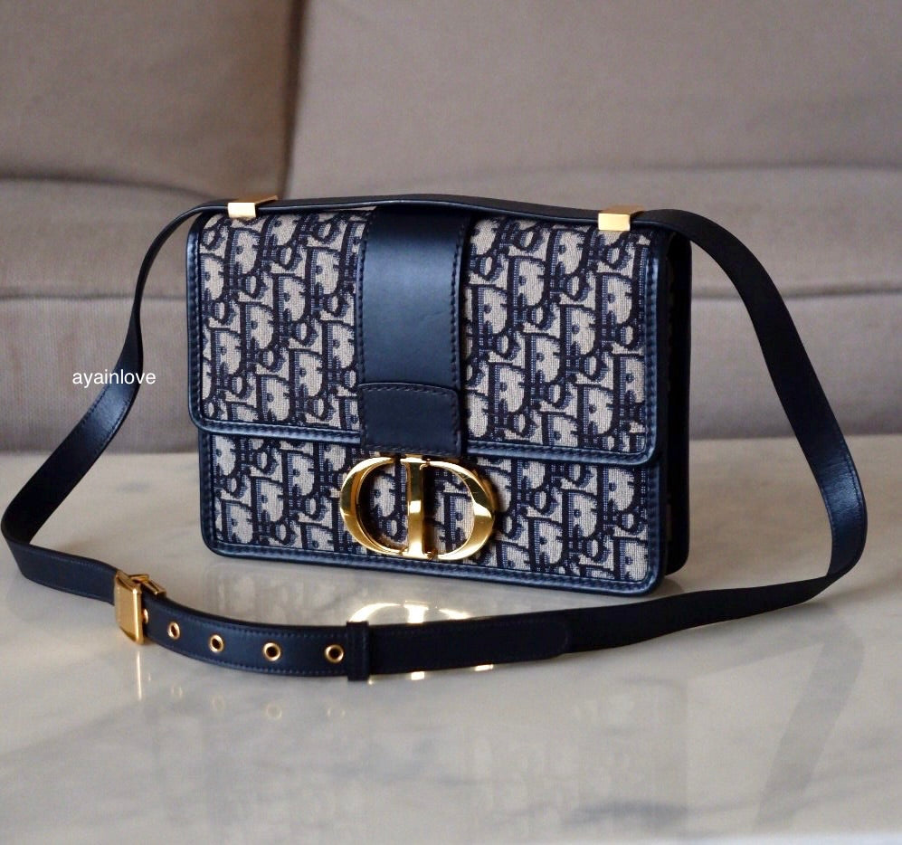 DIOR Montaigne 30 Blue Oblique Jacquard Medium Flap Bag Gold Hardware