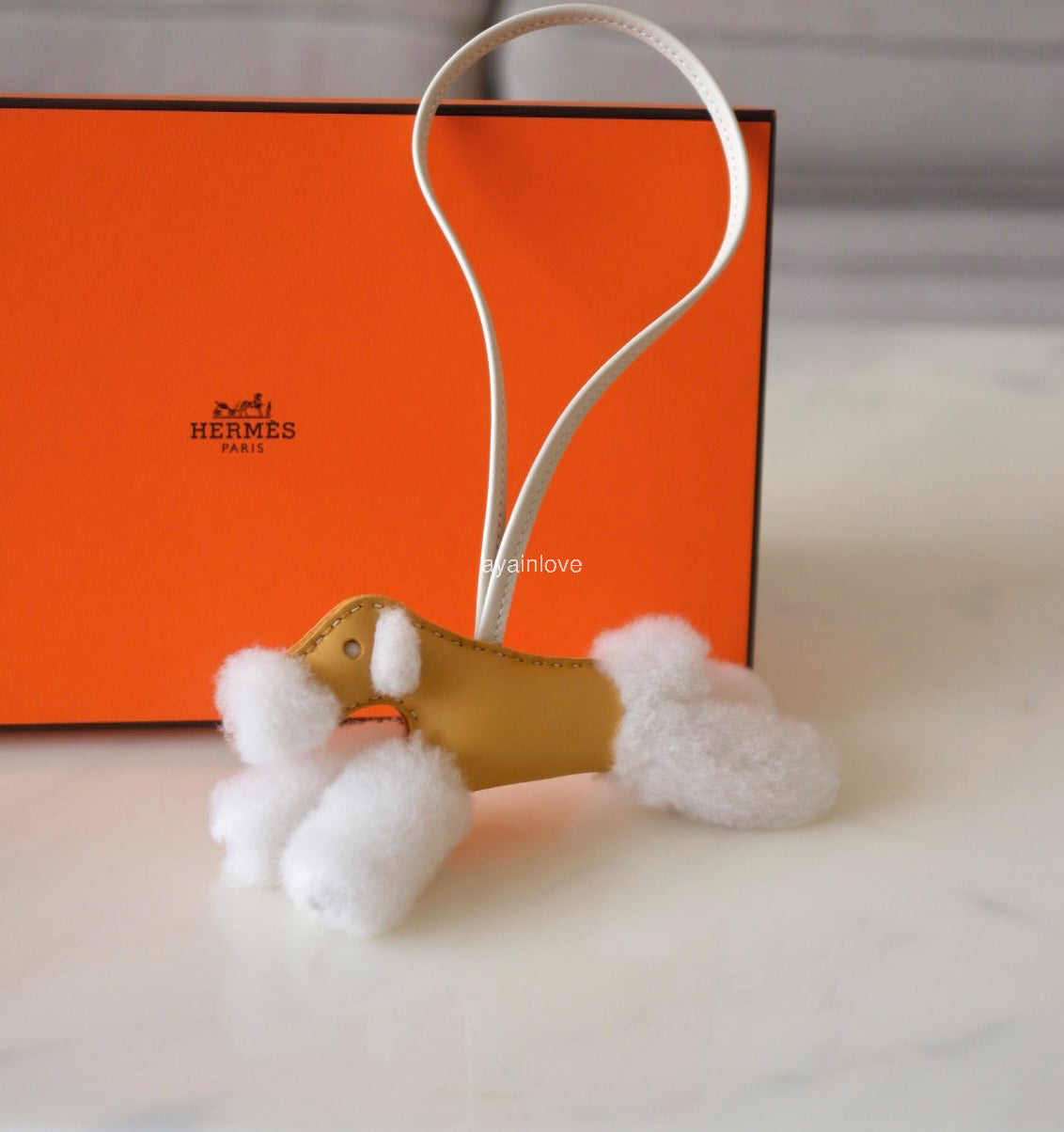 HERMES Budy Ecru/Paille/Craie Wool Leather Bag Charm K Stamp