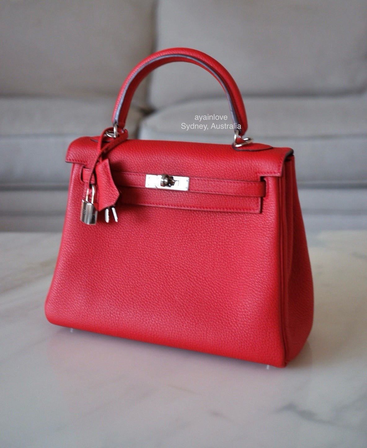 HERMES Kelly 25 Geranium Togo Retourne Palladium Hardware X Stamp