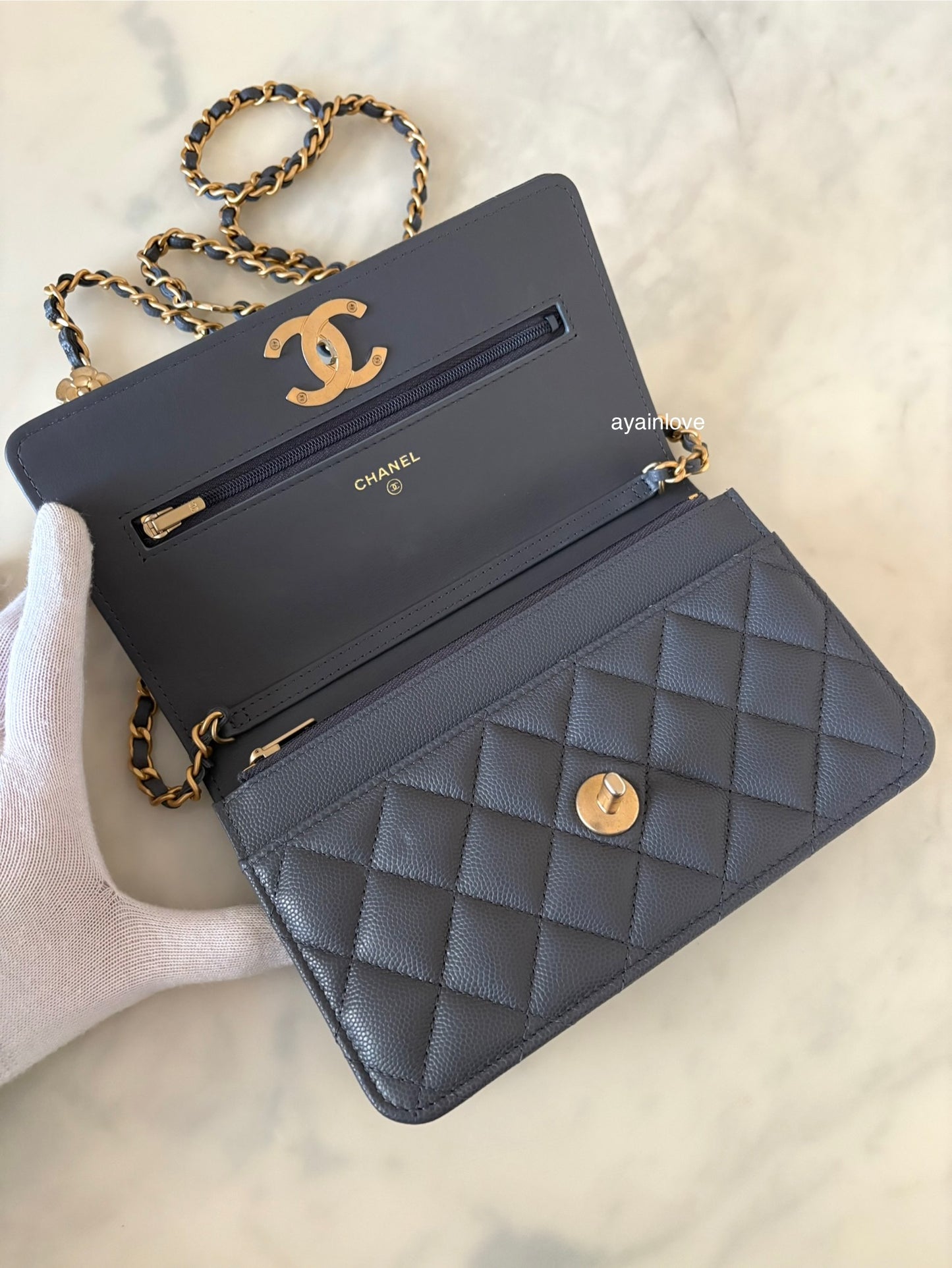 CHANEL 23K Dark Grey Caviar Camellia CC Wallet On Chain *Microchipped* Brushed Gold Hardware