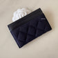 CHANEL 18A Charming Navy Blue/Burgundy Wool/Calfskin Flat Card Holder Oversized CC Gold Hardware