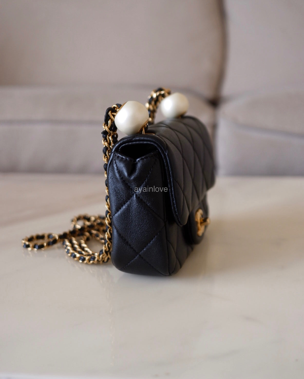 CHANEL 24S Black Lambskin Twin Pearls Quilted Mini Flap Bag Adjustable Gold Hardware