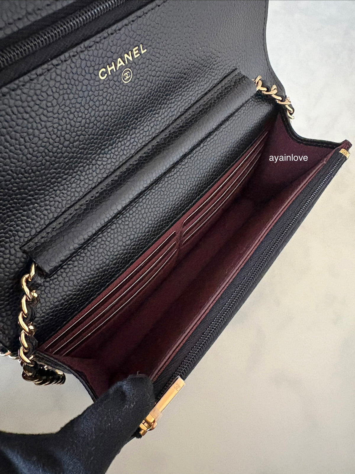 CHANEL Black Caviar Microchipped Classic Wallet On Chain Gold Hardware