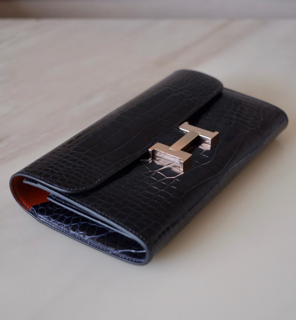 HERMES Constance Blue Marine Shiny Alligator Bicolor Verso Cuivre Long Wallet To Go Rose Gold Hardware