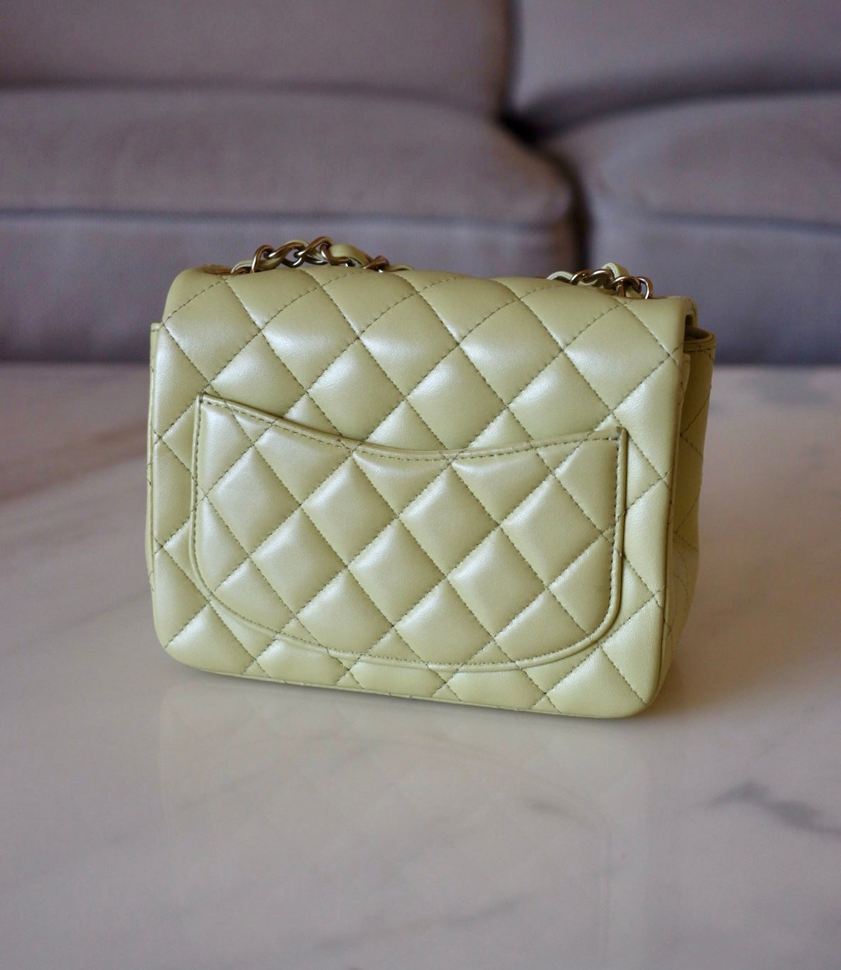CHANEL 23C Light Green Microchipped Classic Quilted Square Mini Flap Bag Light Gold Hardware