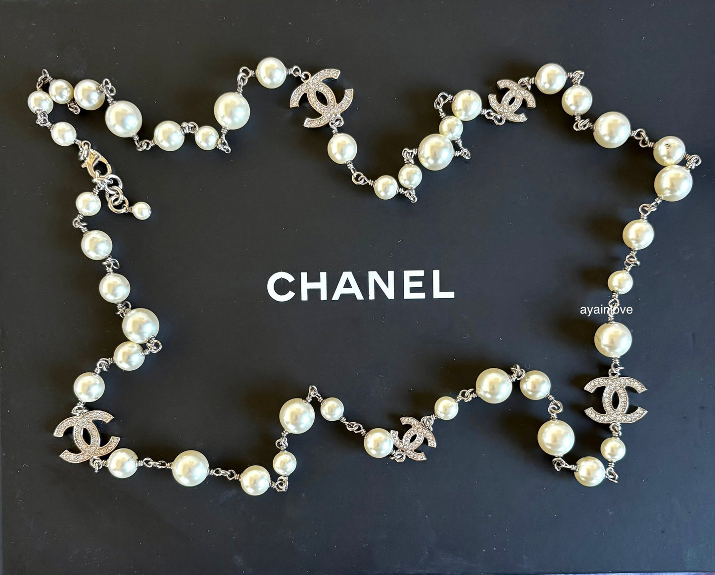 CHANEL 18V Classic Pearl CC Long Necklace Silver Hardware