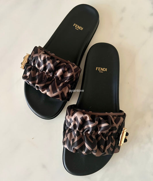 FENDI Feel Satin Brown FF Monogram Slides Sandals Size 38
