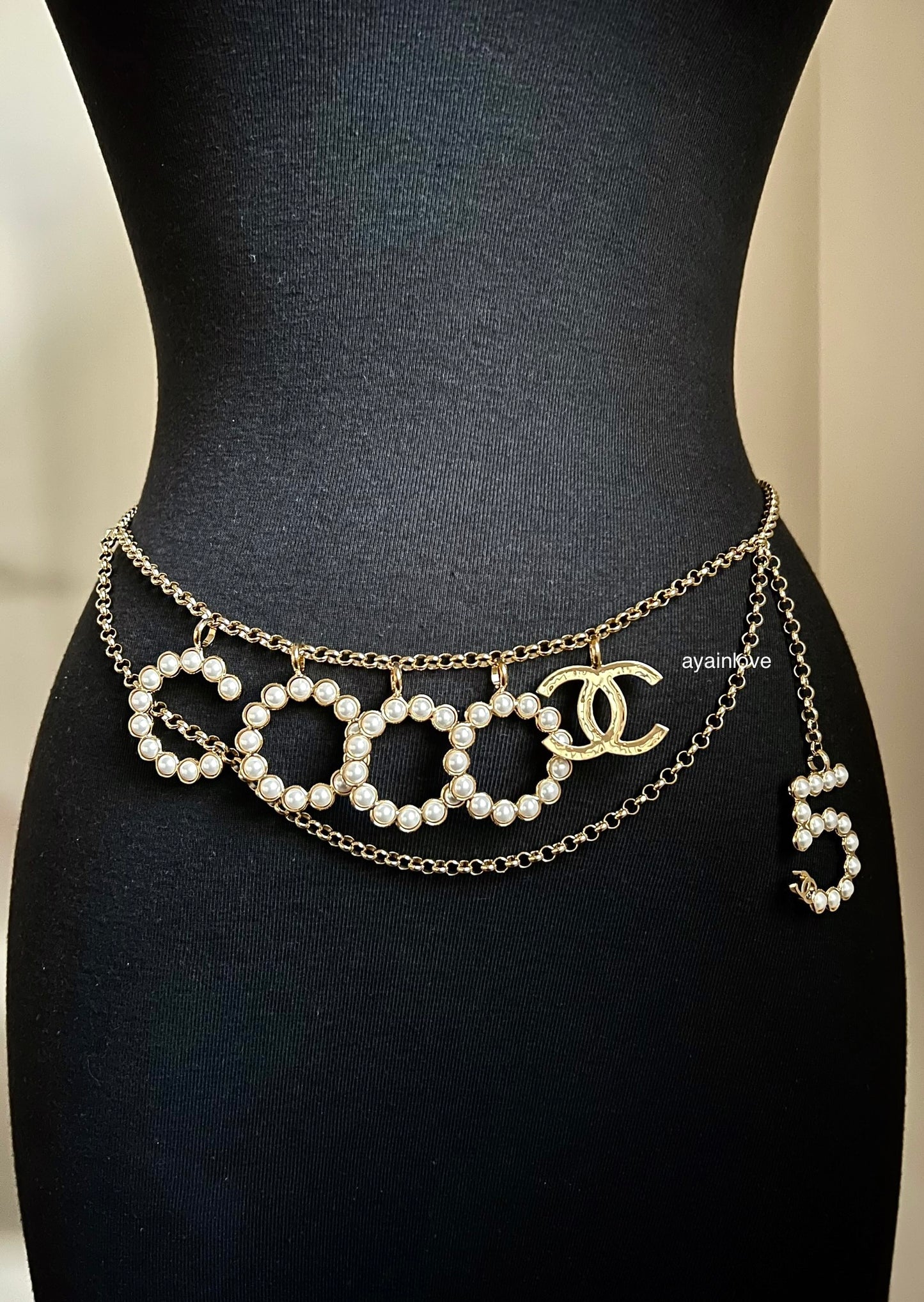 CHANEL 24S Pearl COCO No. 5 Adjustable Chain Belt Gold Hardware