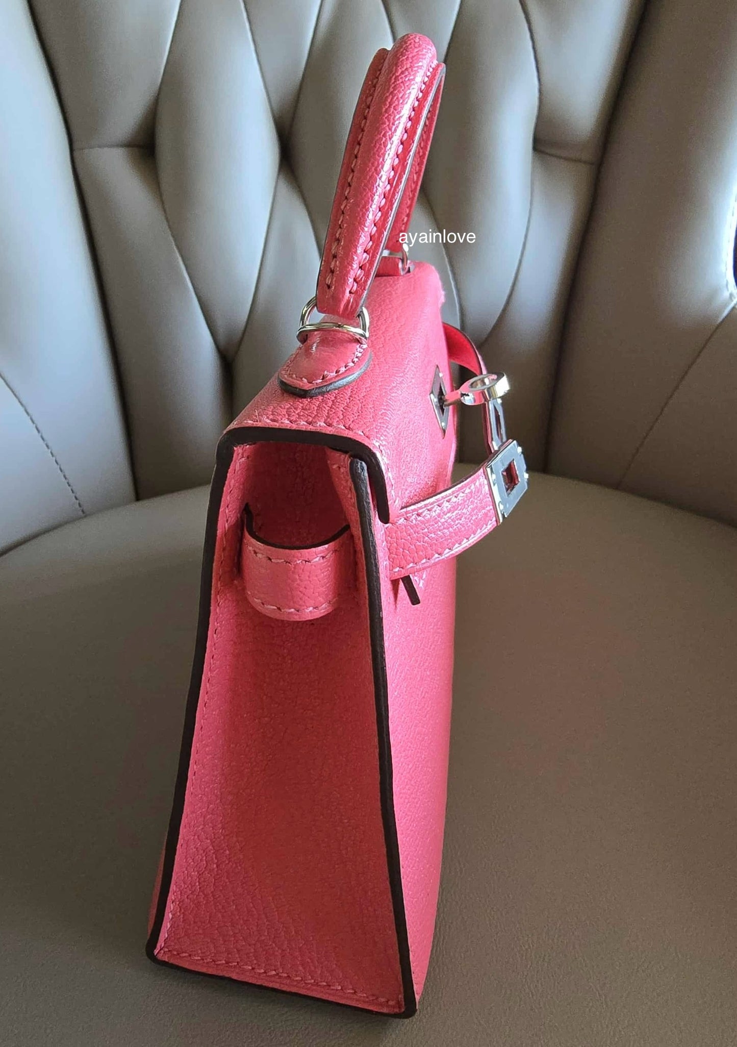 HERMES Mini Kelly 20 Pink Rose Lipstick Chèvre Mysore Palladium Hardware D Stamp