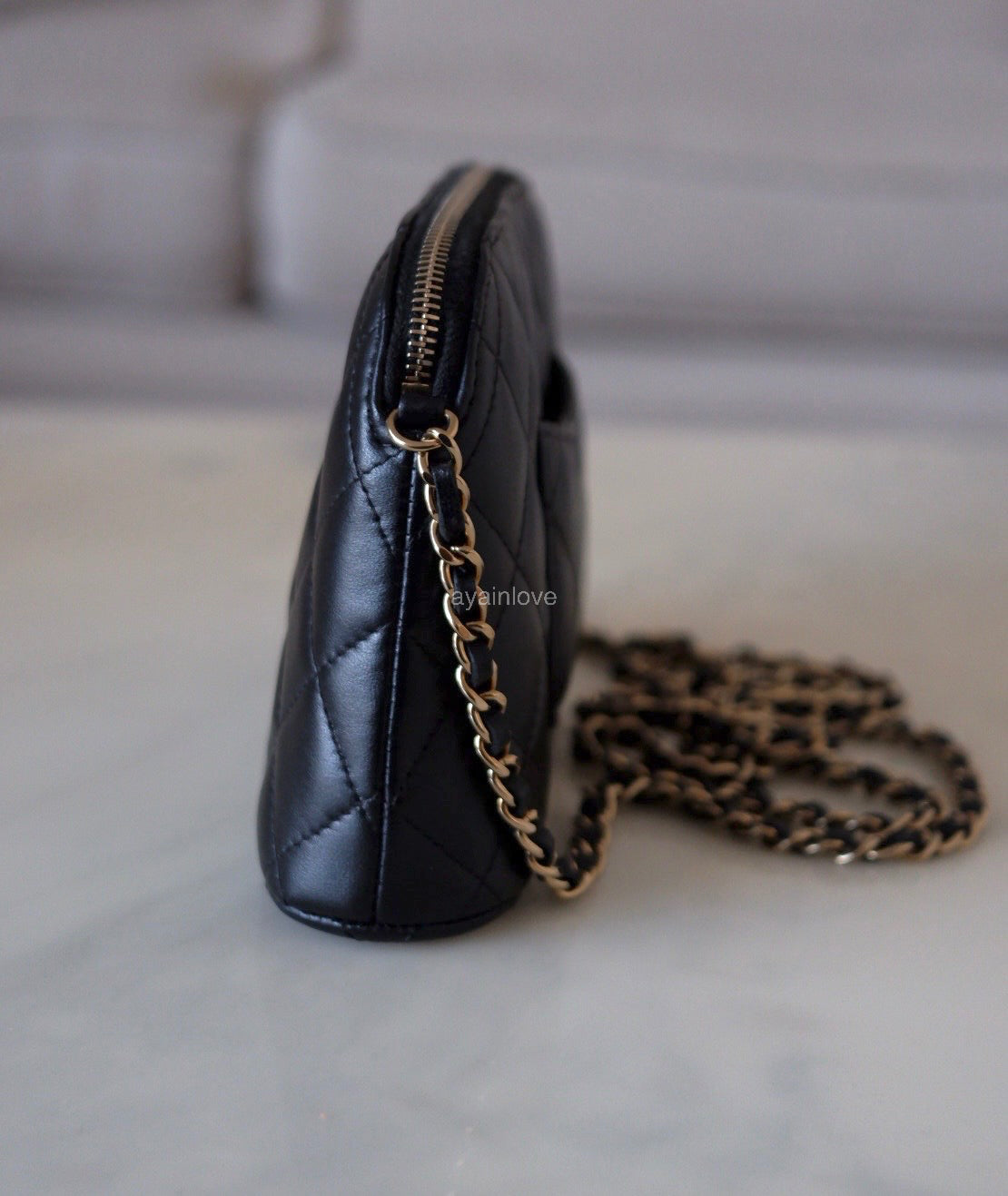 CHANEL Small Black Lambskin Zip Clutch on Chain Camera Bag Light Gold Hardware