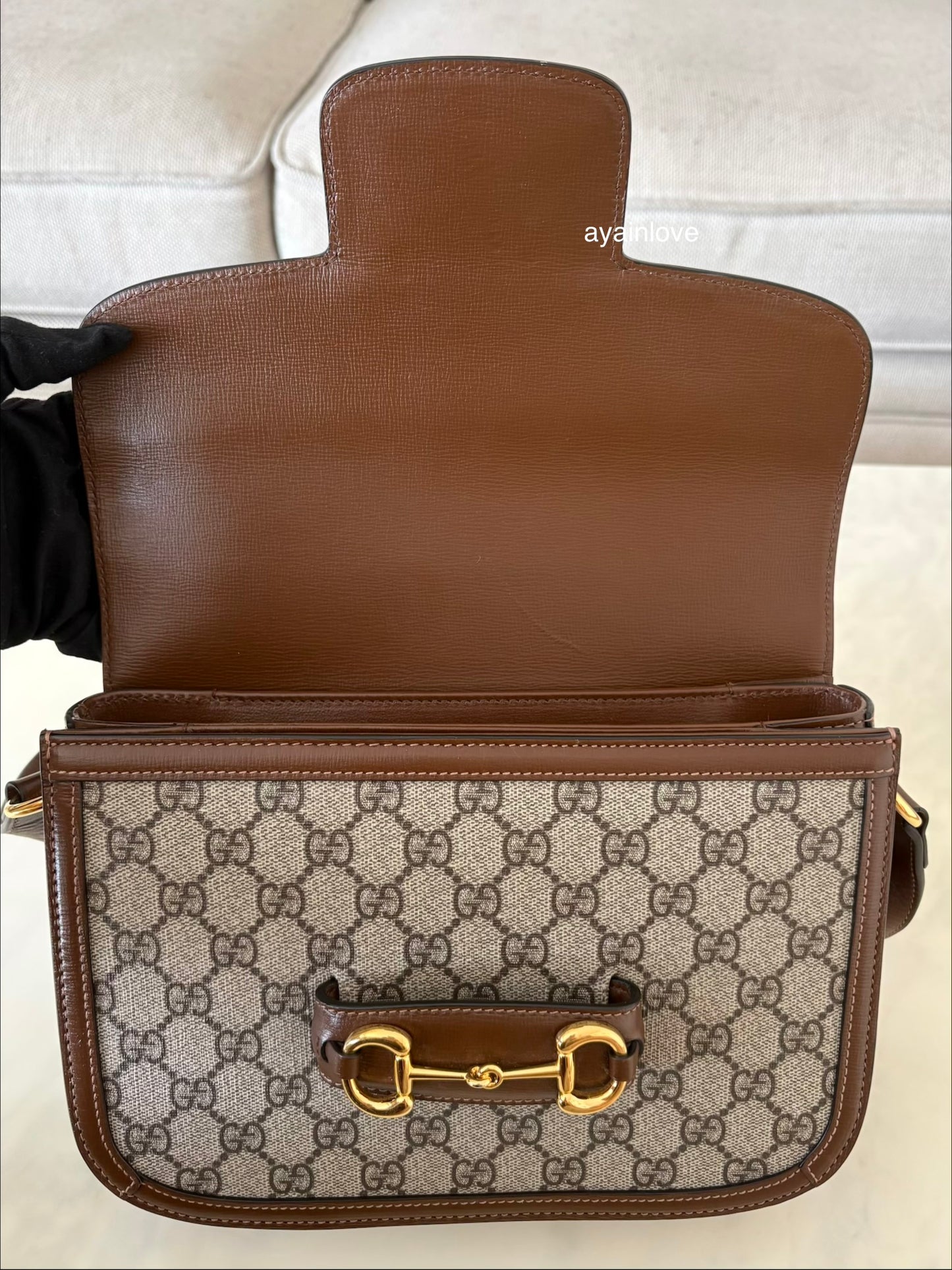 Gucci Horsebit 1955 Medium Brown GG Supreme Monogram Bag Gold Hardware