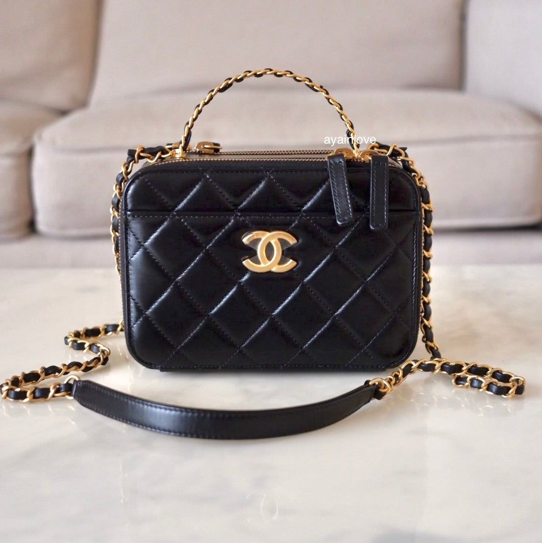 CHANEL 23S Black Lambskin Pick Me Up Quilted Vanity Case Camera Bag Gold Hardware