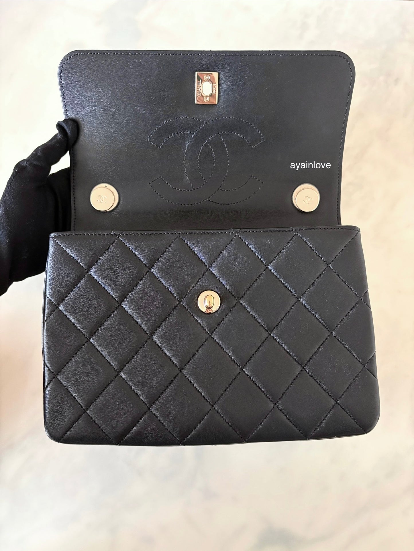 CHANEL Black Small Trendy Flap Bag Microchipped Light Gold Hardware