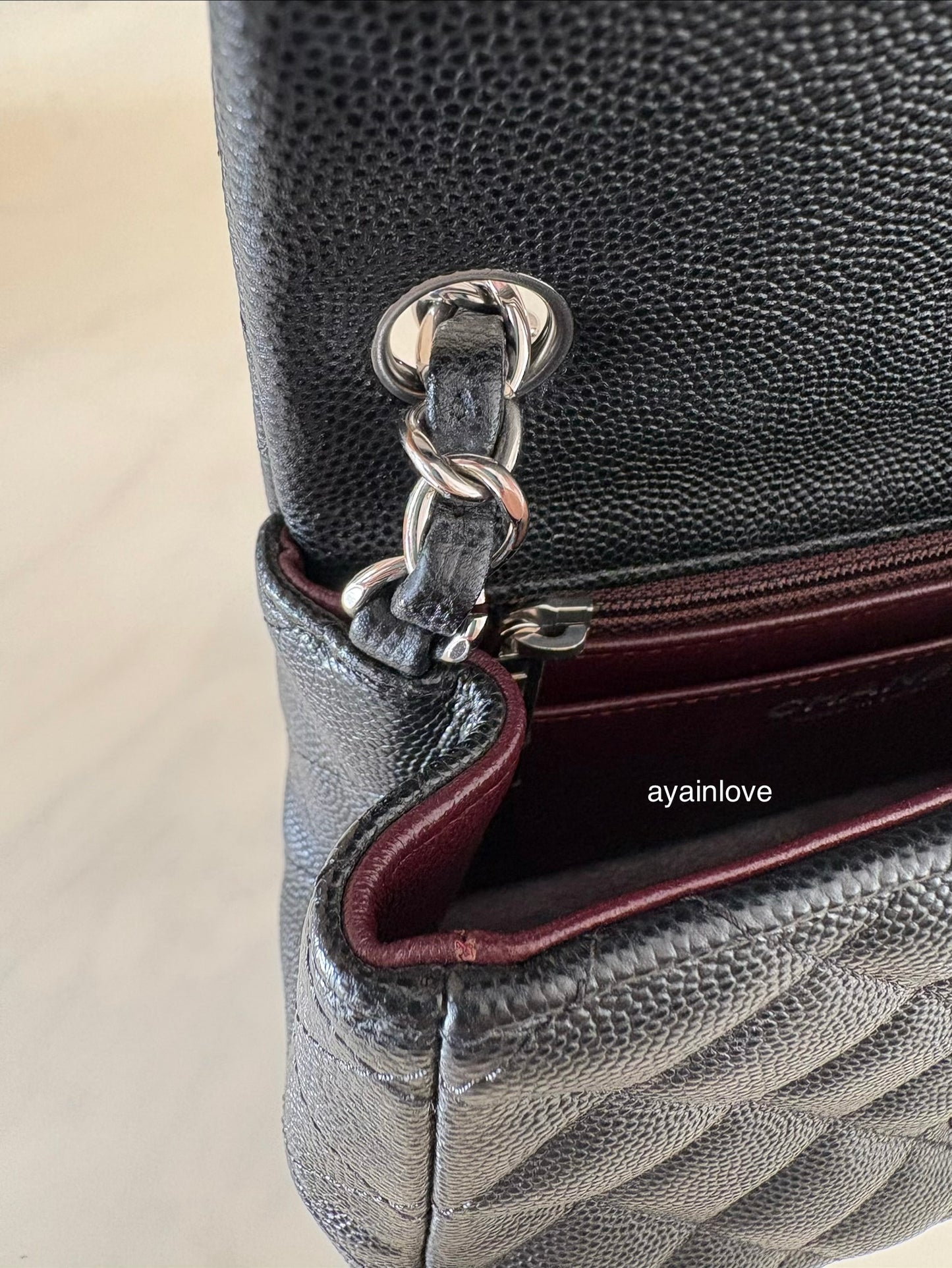 CHANEL 17B Black Caviar (Burgundy Interior) Quilted Square Mini Flap Bag Silver Hardware