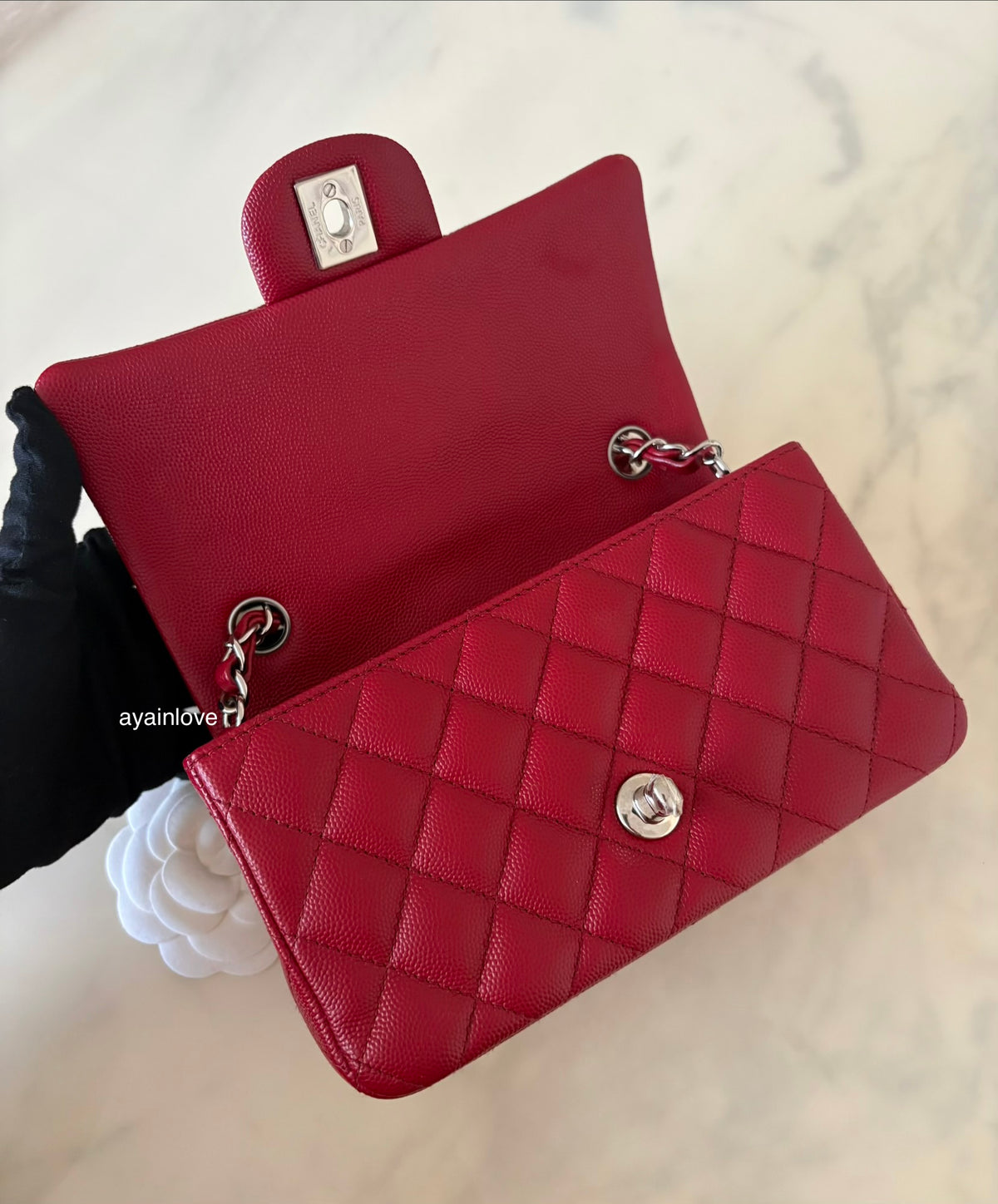 CHANEL 17B Red Caviar Quilted Classic Rectangular Mini Silver Hardware