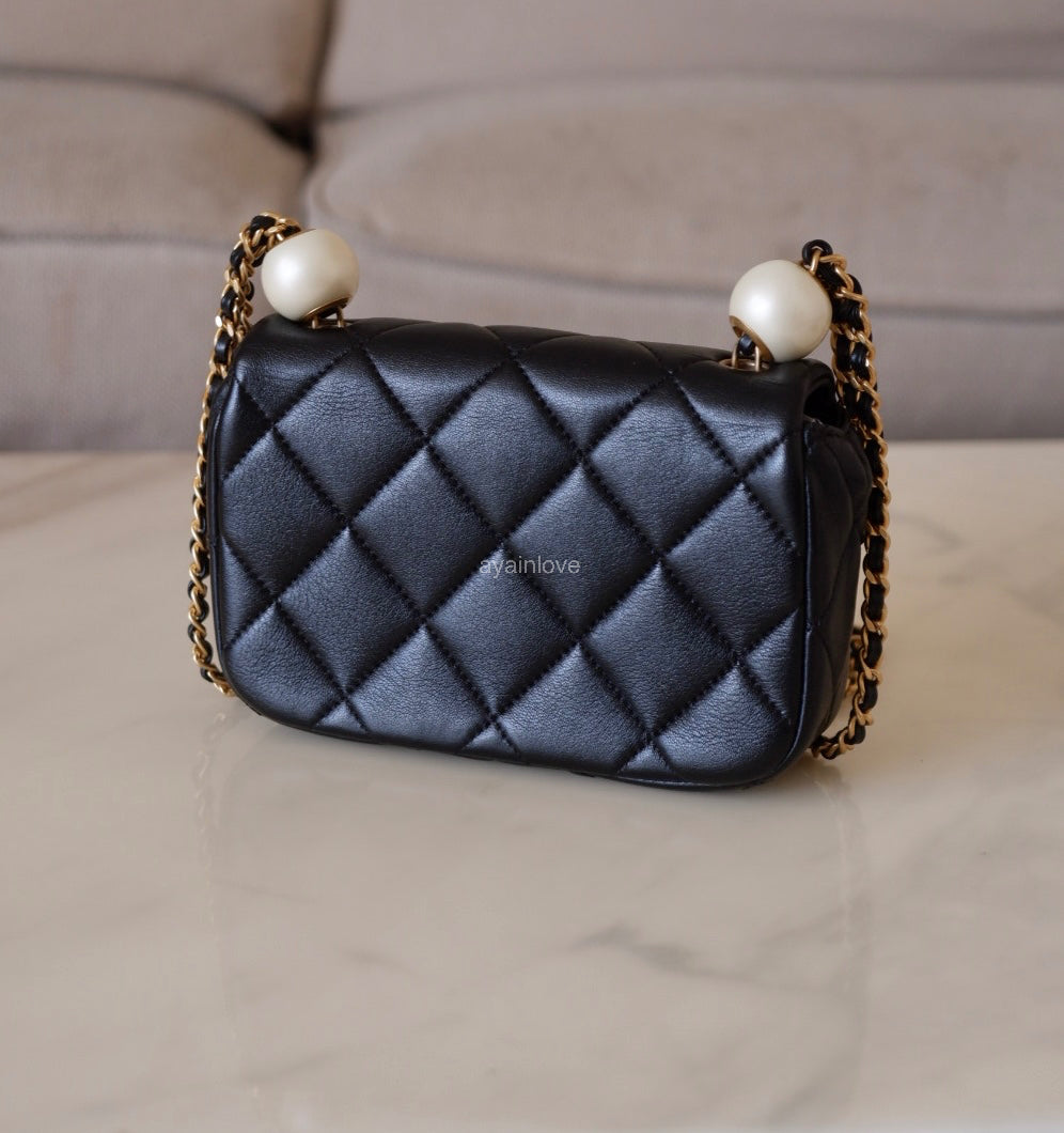 CHANEL 24S Black Lambskin Twin Pearls Quilted Mini Flap Bag Adjustable Gold Hardware