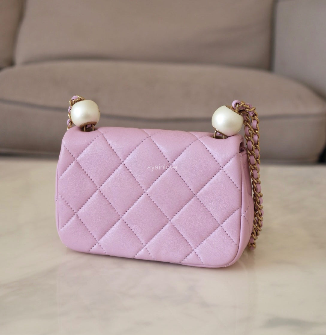 CHANEL 24S Pink Lambskin Twin Pearls Quilted Mini Flap Bag Adjustable Gold Hardware