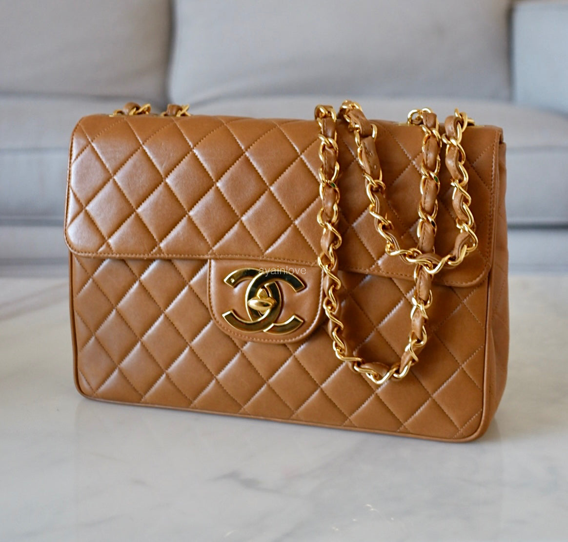 CHANEL Vintage Dark Beige Quilted Jumbo Classic Single Flap Oversized CC Bag 24KT Gold Plated Hardware Series 3