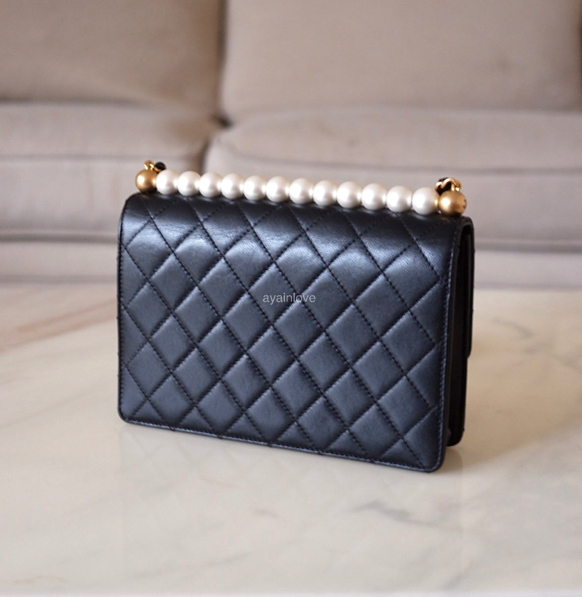 CHANEL 19S Chic Pearl Black Goatskin Flap Bag Gold Hardware