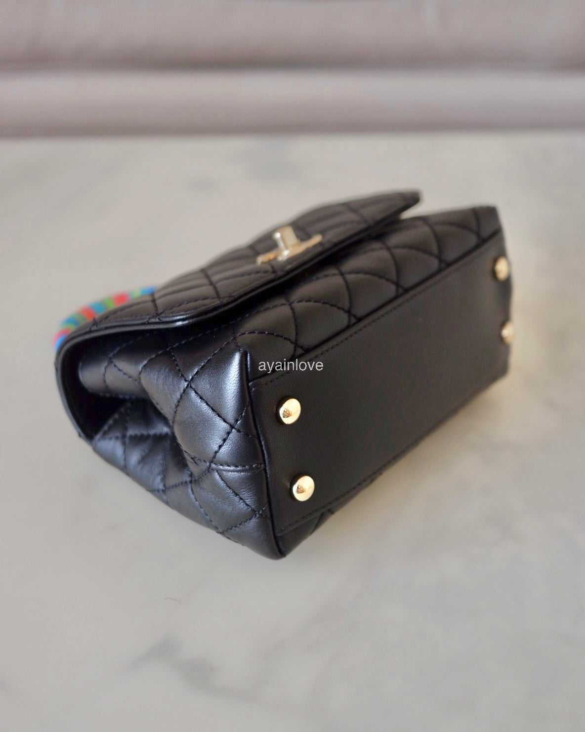CHANEL Black Goatskin Coco Rainbow Handle Extra Mini 19cm Bag Light Gold Hardware